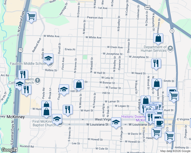 map of restaurants, bars, coffee shops, grocery stores, and more near 1310 West Lela Street in McKinney
