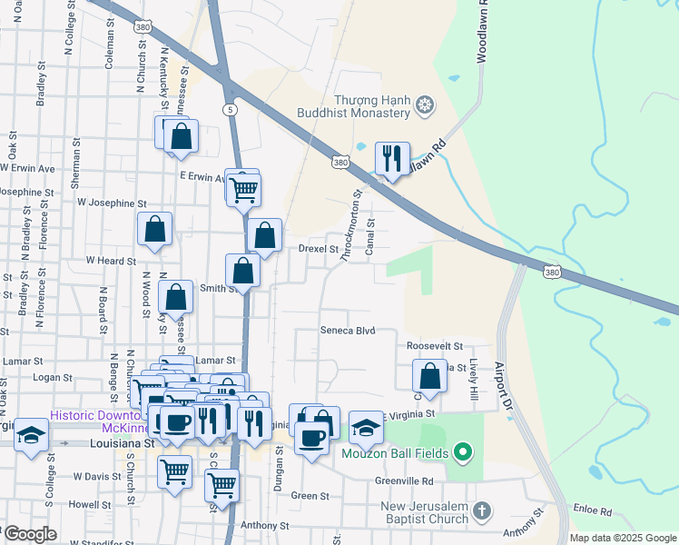map of restaurants, bars, coffee shops, grocery stores, and more near 616 Throckmorton Street in McKinney