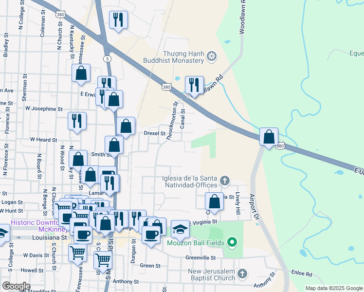 map of restaurants, bars, coffee shops, grocery stores, and more near 713 Pride Court in McKinney