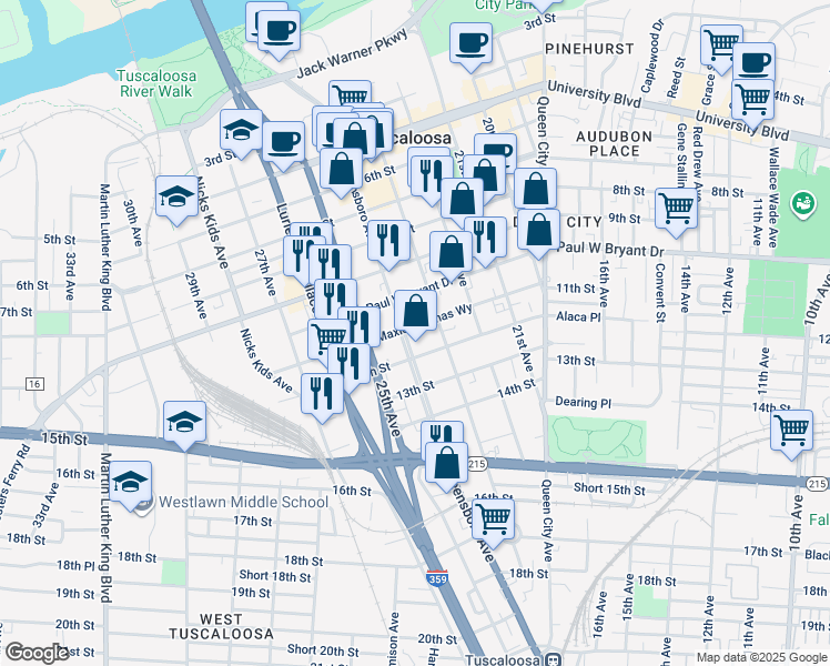 map of restaurants, bars, coffee shops, grocery stores, and more near 1101 Greensboro Avenue in Tuscaloosa