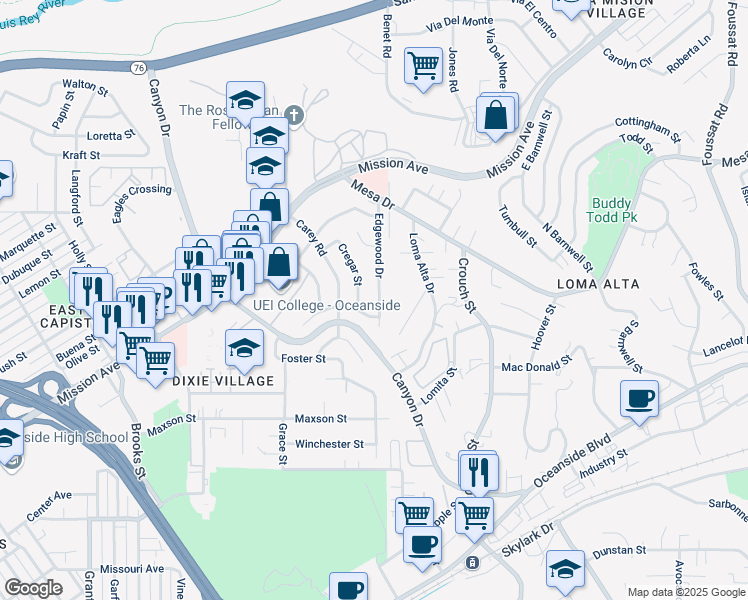 map of restaurants, bars, coffee shops, grocery stores, and more near 171 Edgewood Drive in Oceanside