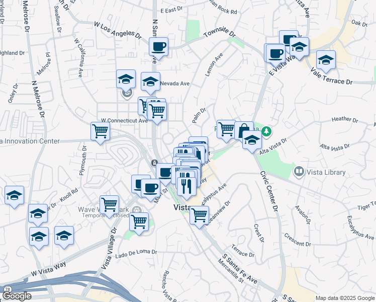 map of restaurants, bars, coffee shops, grocery stores, and more near 225 Michigan Avenue in Vista