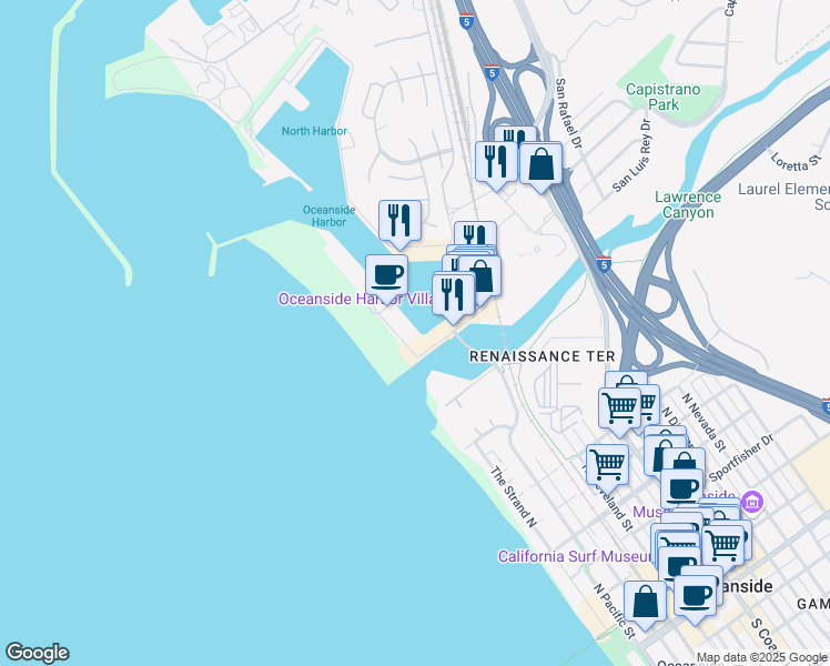 map of restaurants, bars, coffee shops, grocery stores, and more near 1202 North Pacific Street in Oceanside