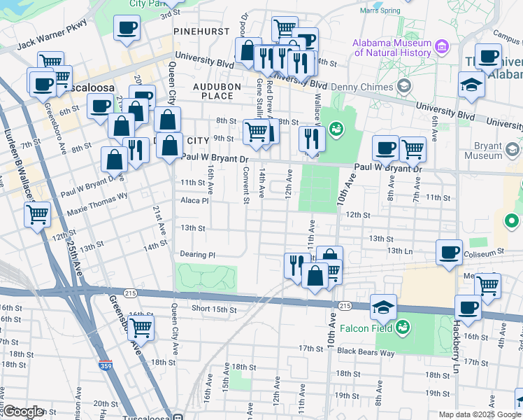 map of restaurants, bars, coffee shops, grocery stores, and more near 1215 12th Street in Tuscaloosa