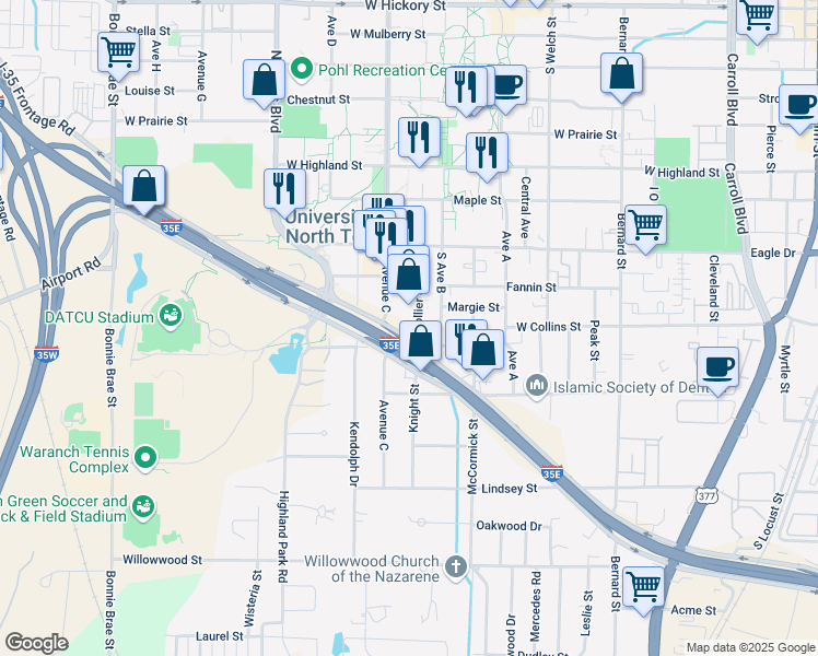 map of restaurants, bars, coffee shops, grocery stores, and more near 1121 Avenue C in Denton