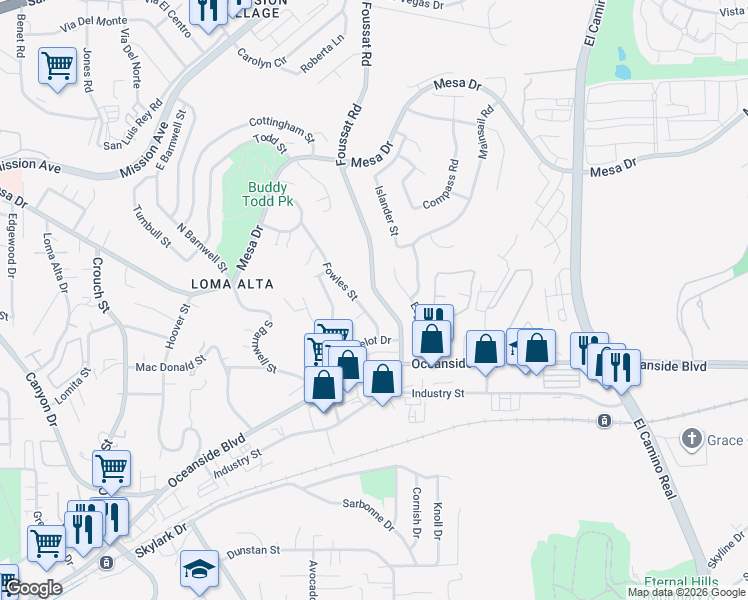 map of restaurants, bars, coffee shops, grocery stores, and more near 407 Foussat Road in Oceanside