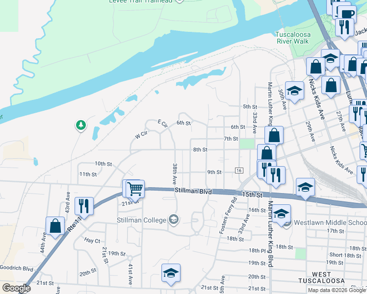 map of restaurants, bars, coffee shops, grocery stores, and more near 3708 8th Street in Tuscaloosa