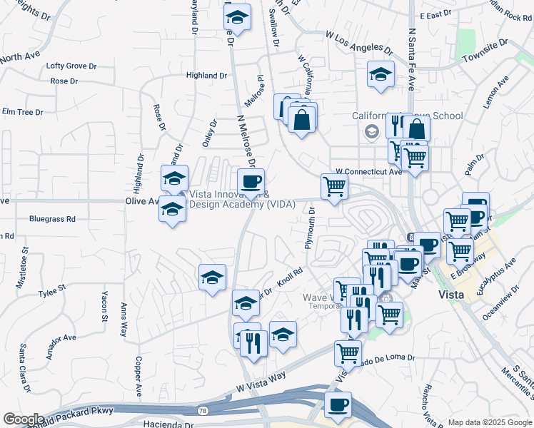 map of restaurants, bars, coffee shops, grocery stores, and more near 552 Olive Avenue in Vista
