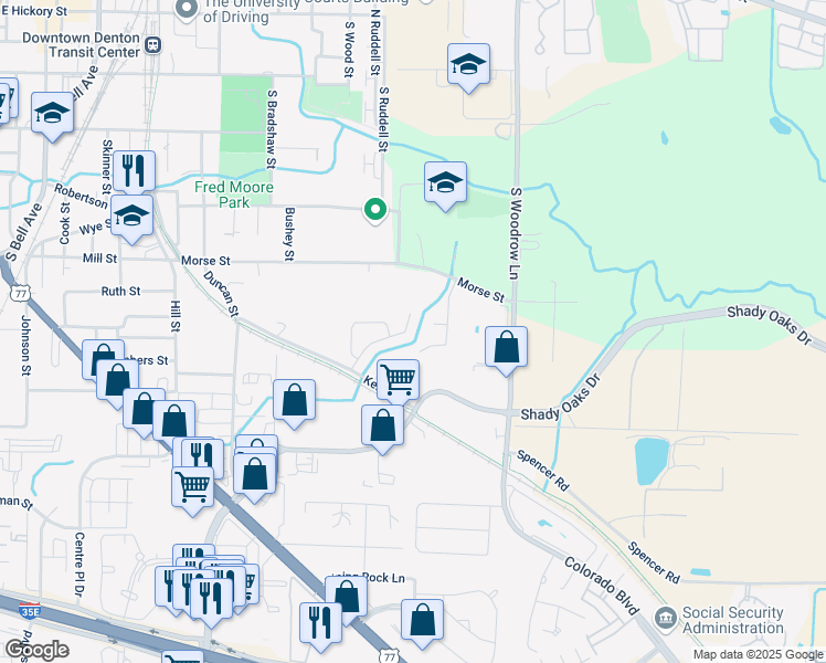 map of restaurants, bars, coffee shops, grocery stores, and more near 941 Scott Dr in Denton