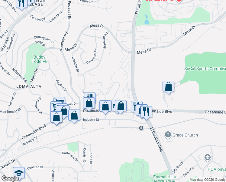 map of restaurants, bars, coffee shops, grocery stores, and more near 3020 Oceanside Boulevard in Oceanside