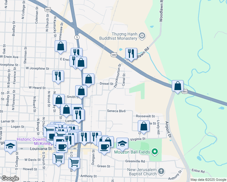 map of restaurants, bars, coffee shops, grocery stores, and more near 616 Throckmorton Street in McKinney