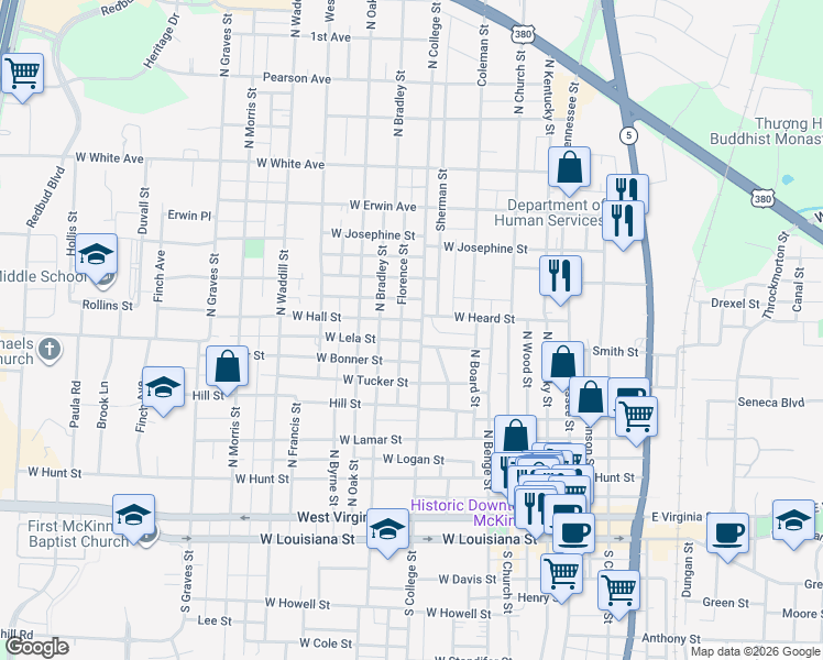 map of restaurants, bars, coffee shops, grocery stores, and more near 801 North College Street in McKinney