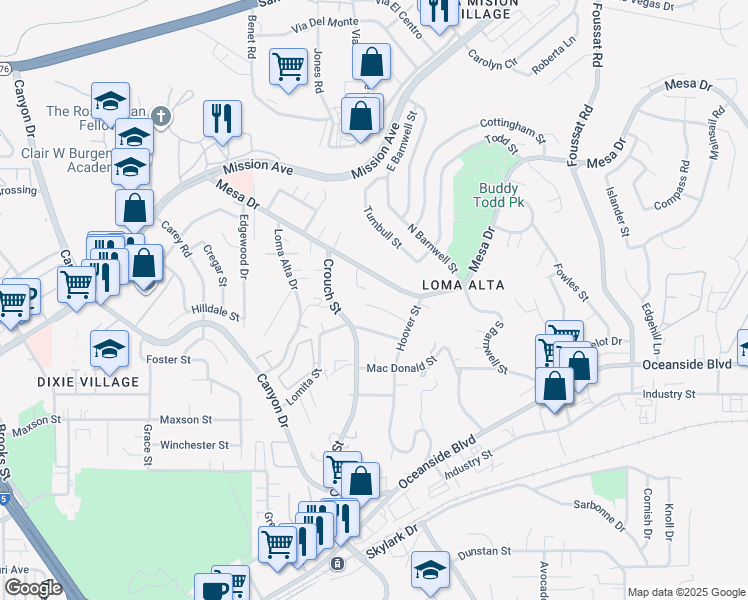 map of restaurants, bars, coffee shops, grocery stores, and more near 2710 Penkea Drive in Oceanside