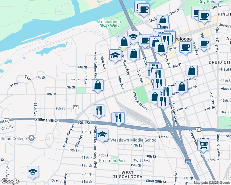 map of restaurants, bars, coffee shops, grocery stores, and more near 2920 Stillman Boulevard in Tuscaloosa