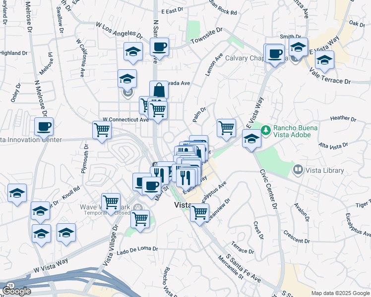 map of restaurants, bars, coffee shops, grocery stores, and more near 218 Washington Street in Vista