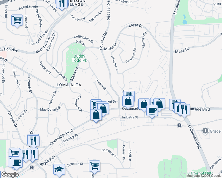 map of restaurants, bars, coffee shops, grocery stores, and more near 407 Foussat Road in Oceanside