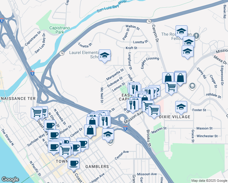 map of restaurants, bars, coffee shops, grocery stores, and more near 729 Santa Barbara Street in Oceanside