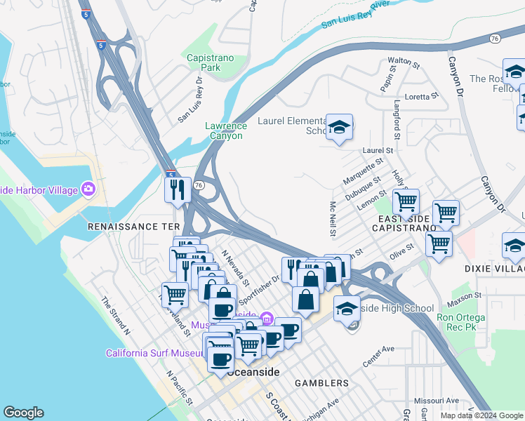 map of restaurants, bars, coffee shops, grocery stores, and more near 790 Harbor Cliff Way in Oceanside