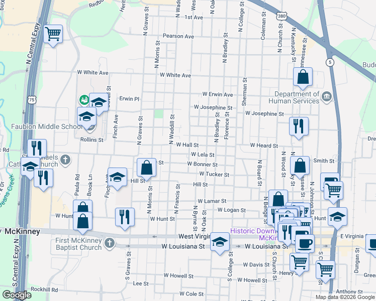 map of restaurants, bars, coffee shops, grocery stores, and more near 1310 West Lela Street in McKinney