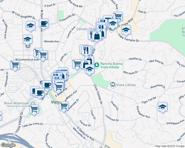 map of restaurants, bars, coffee shops, grocery stores, and more near 630 Alta Vista Drive in Vista