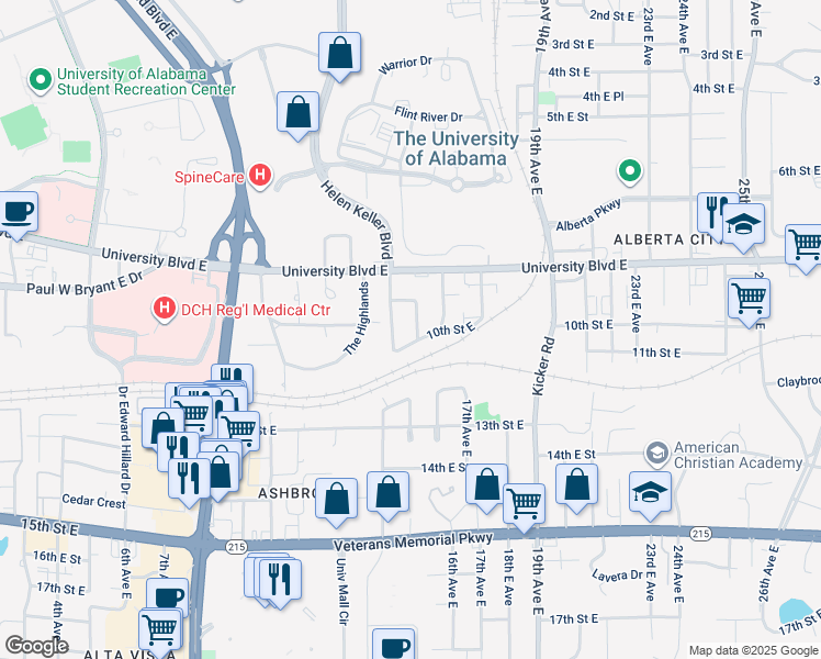 map of restaurants, bars, coffee shops, grocery stores, and more near 33 14th Avenue East in Tuscaloosa