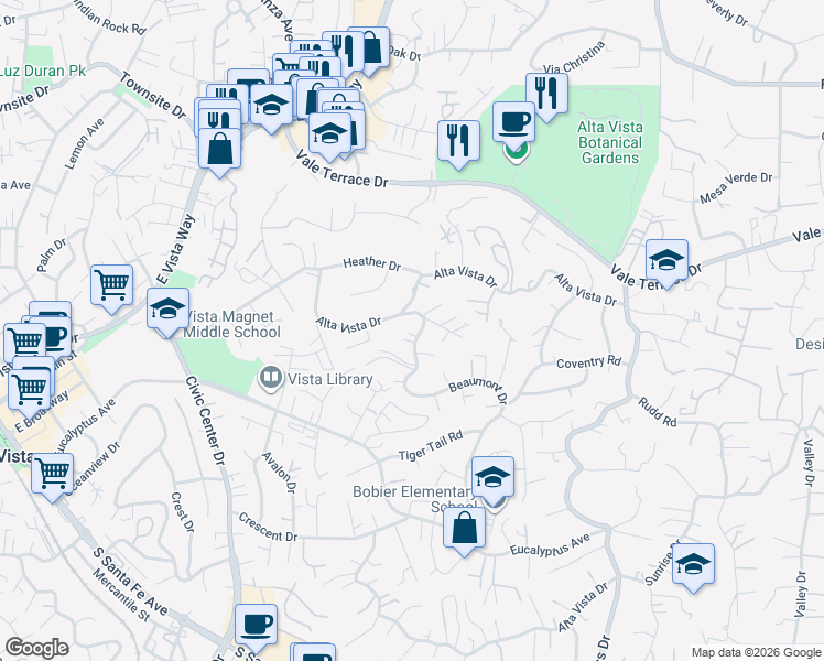 map of restaurants, bars, coffee shops, grocery stores, and more near 144 Beaumont Drive in Vista