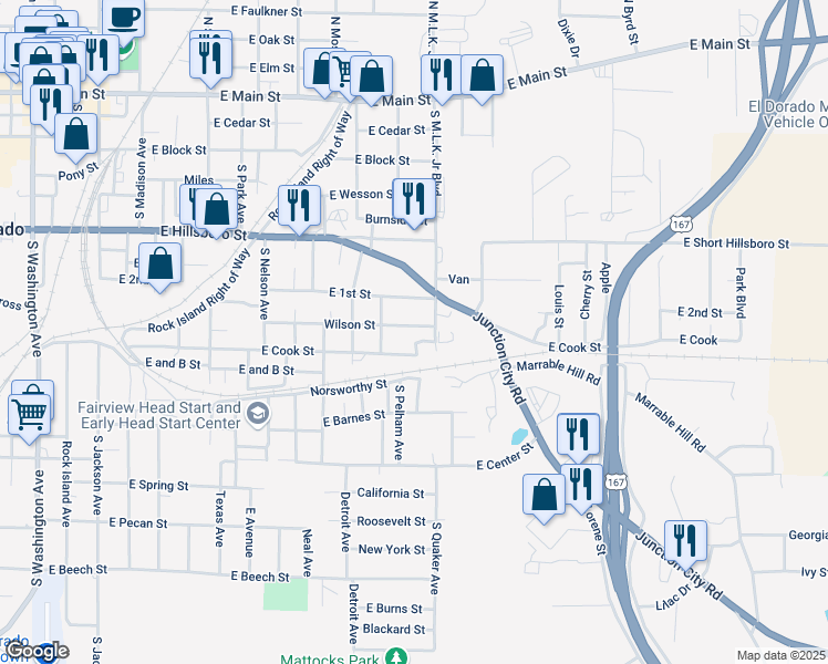 map of restaurants, bars, coffee shops, grocery stores, and more near 1331 Wilson Street in El Dorado