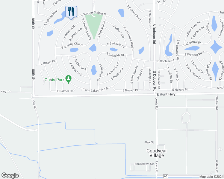 map of restaurants, bars, coffee shops, grocery stores, and more near 9305 East Navajo Place in Sun Lakes