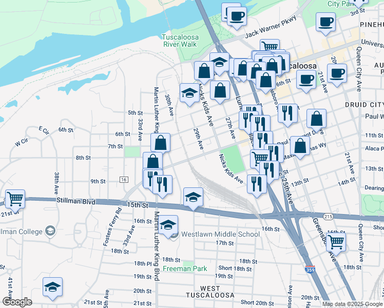 map of restaurants, bars, coffee shops, grocery stores, and more near 2920 Stillman Boulevard in Tuscaloosa