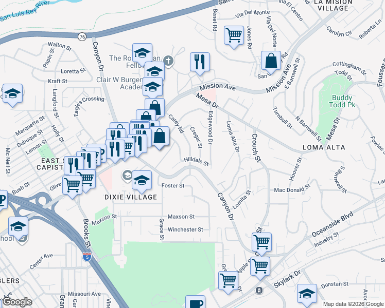 map of restaurants, bars, coffee shops, grocery stores, and more near 174 Cregar Street in Oceanside