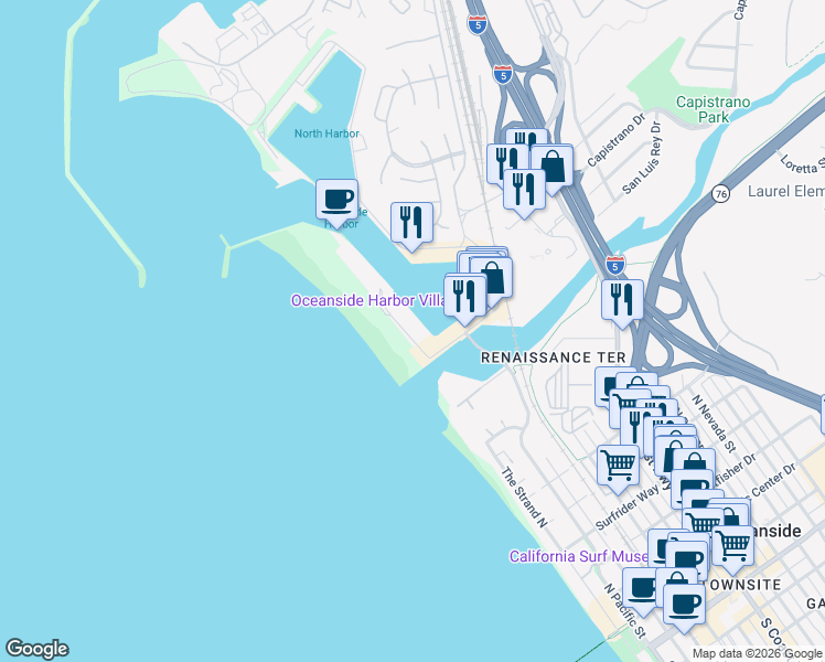 map of restaurants, bars, coffee shops, grocery stores, and more near 1202 North Pacific Street in Oceanside