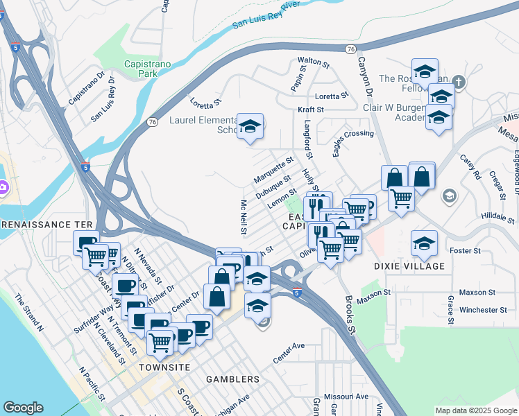 map of restaurants, bars, coffee shops, grocery stores, and more near 1344 Lemon Street in Oceanside