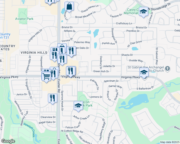 map of restaurants, bars, coffee shops, grocery stores, and more near 201 Mapleshade Drive in McKinney