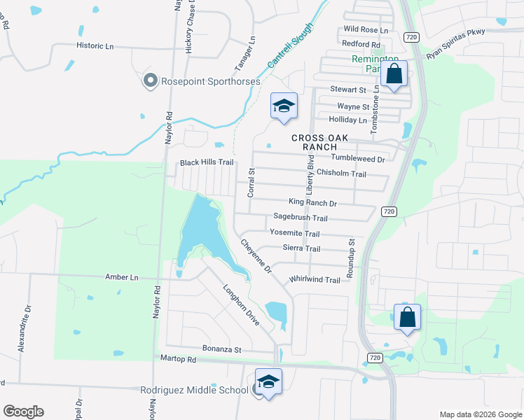 map of restaurants, bars, coffee shops, grocery stores, and more near 8601 Sagebrush Trail in Cross Roads