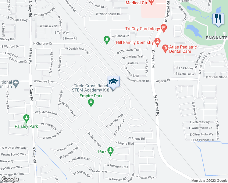 map of restaurants, bars, coffee shops, grocery stores, and more near 35900 North Charbray Drive in San Tan Valley