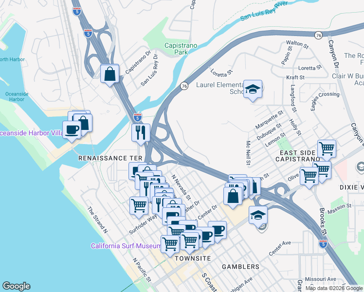 map of restaurants, bars, coffee shops, grocery stores, and more near 805 Harbor Cliff Way in Oceanside