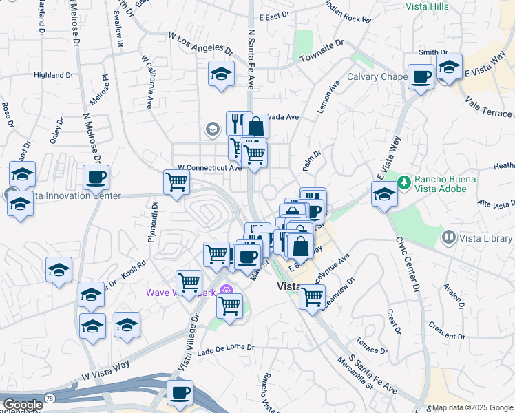 map of restaurants, bars, coffee shops, grocery stores, and more near 301 North Santa Fe Avenue in Vista