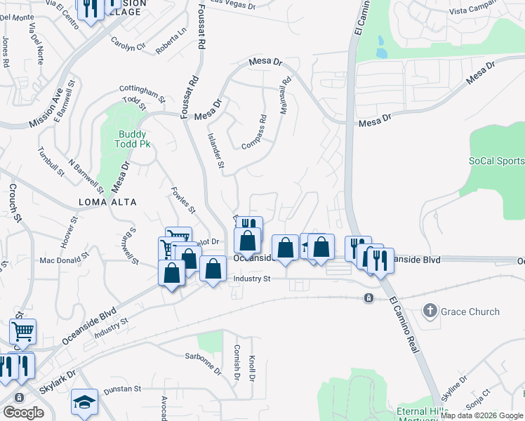 map of restaurants, bars, coffee shops, grocery stores, and more near 432 Edgehill Lane in Oceanside