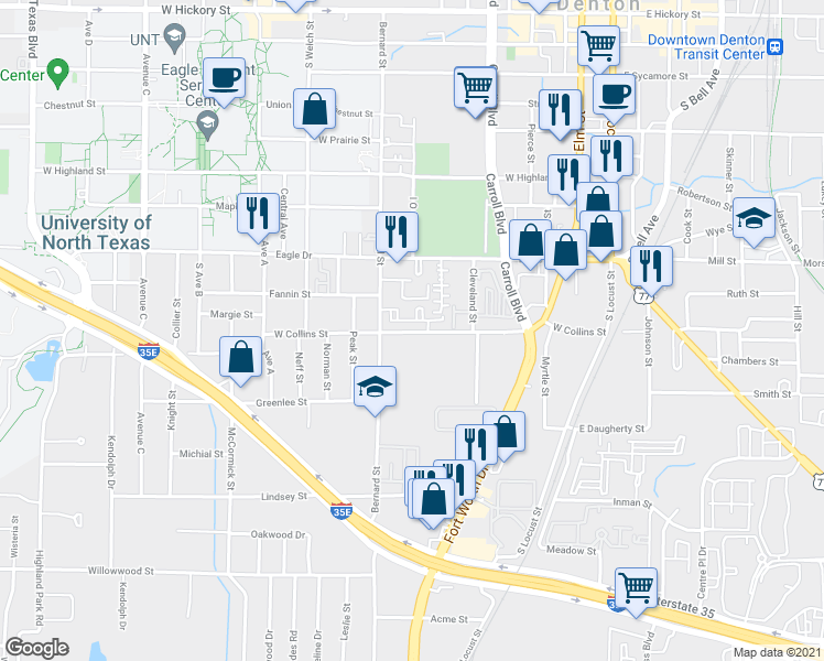 map of restaurants, bars, coffee shops, grocery stores, and more near 758 West Collins Street in Denton