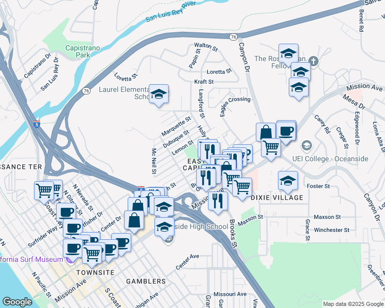 map of restaurants, bars, coffee shops, grocery stores, and more near 1448 W Higgins St in Oceanside