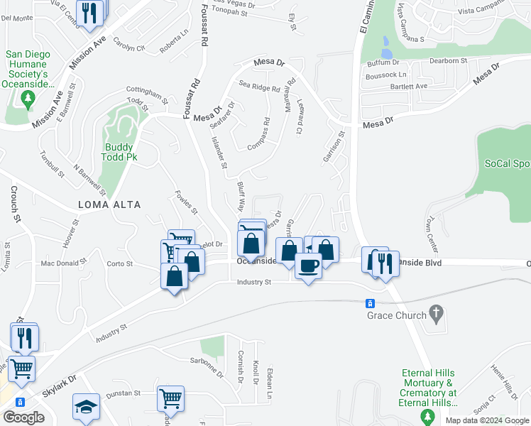 map of restaurants, bars, coffee shops, grocery stores, and more near in Camp Pendleton North