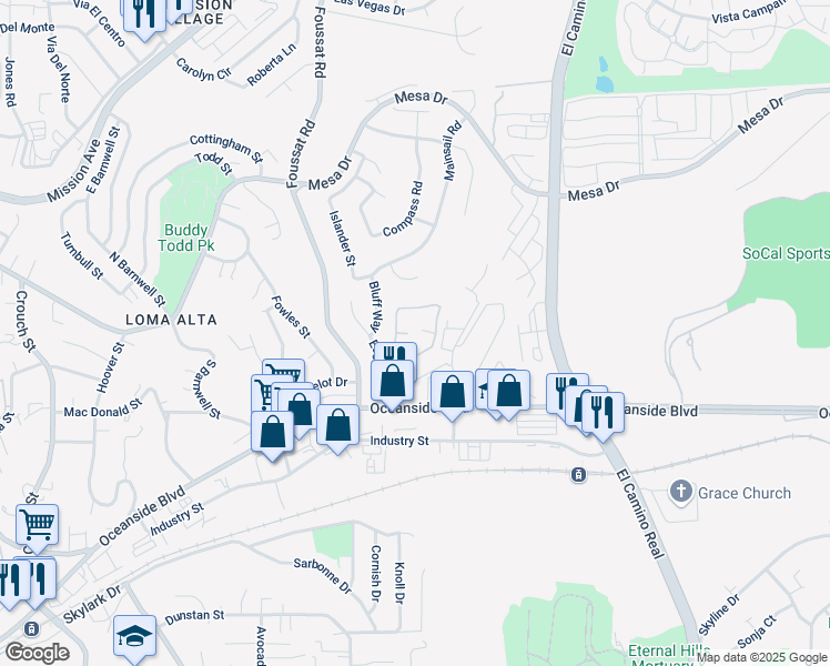 map of restaurants, bars, coffee shops, grocery stores, and more near 432 Edgehill Lane in Oceanside
