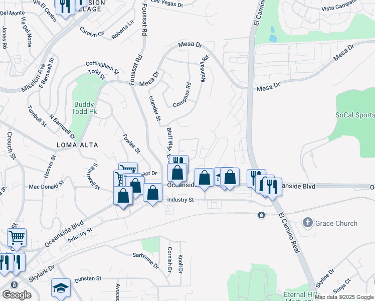 map of restaurants, bars, coffee shops, grocery stores, and more near 432 Edgehill Lane in Oceanside