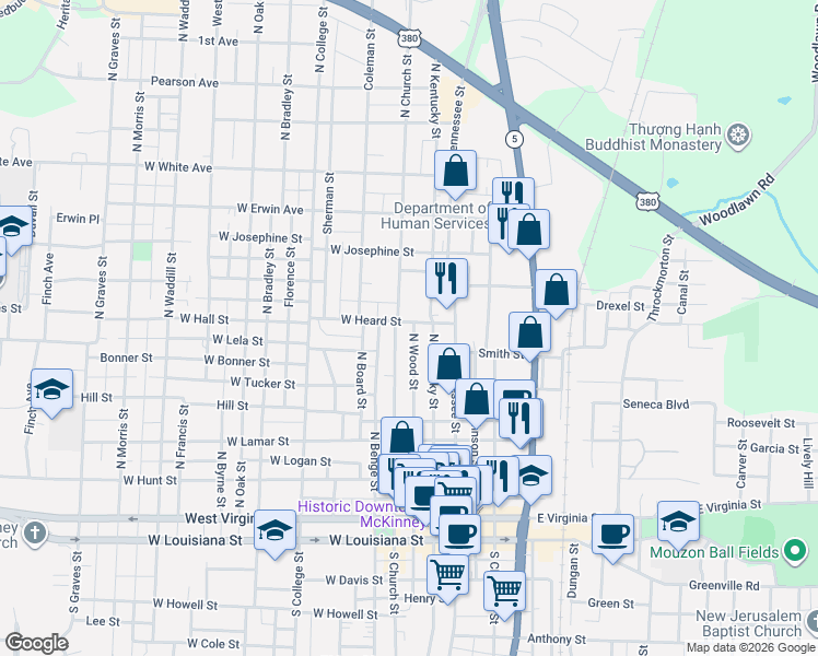 map of restaurants, bars, coffee shops, grocery stores, and more near 612 North Wood Street in McKinney