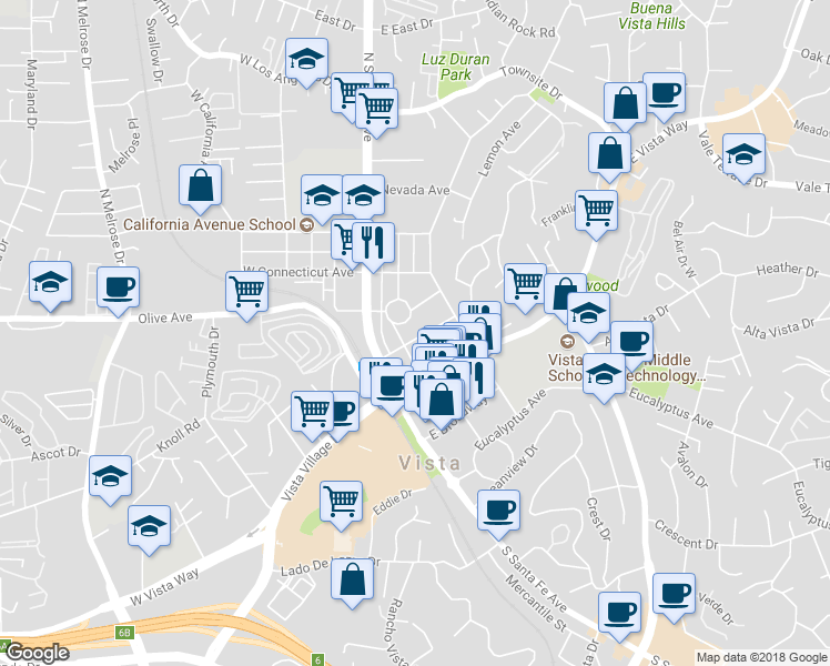 map of restaurants, bars, coffee shops, grocery stores, and more near 218 Washington Street in Vista