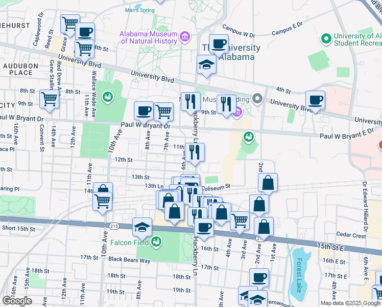 map of restaurants, bars, coffee shops, grocery stores, and more near 1106 Hackberry Lane in Tuscaloosa