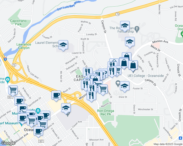 map of restaurants, bars, coffee shops, grocery stores, and more near 502 Holly Street in Oceanside