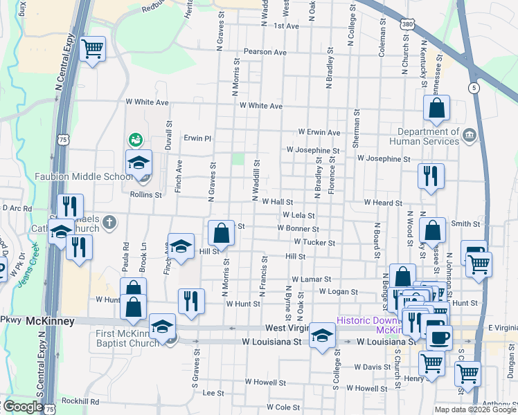 map of restaurants, bars, coffee shops, grocery stores, and more near 1310 West Lela Street in McKinney
