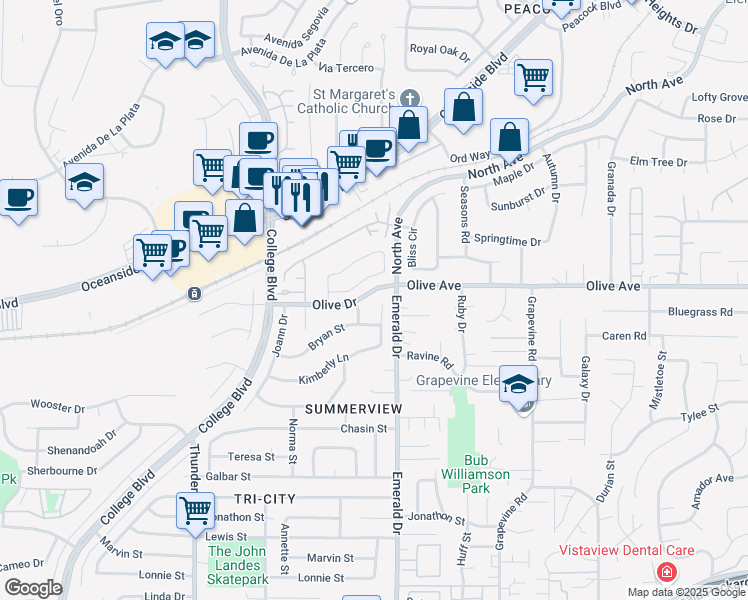 map of restaurants, bars, coffee shops, grocery stores, and more near 2553 Marjo Court in Oceanside