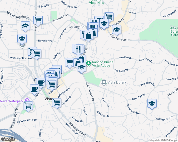 map of restaurants, bars, coffee shops, grocery stores, and more near 630 Alta Vista Drive in Vista